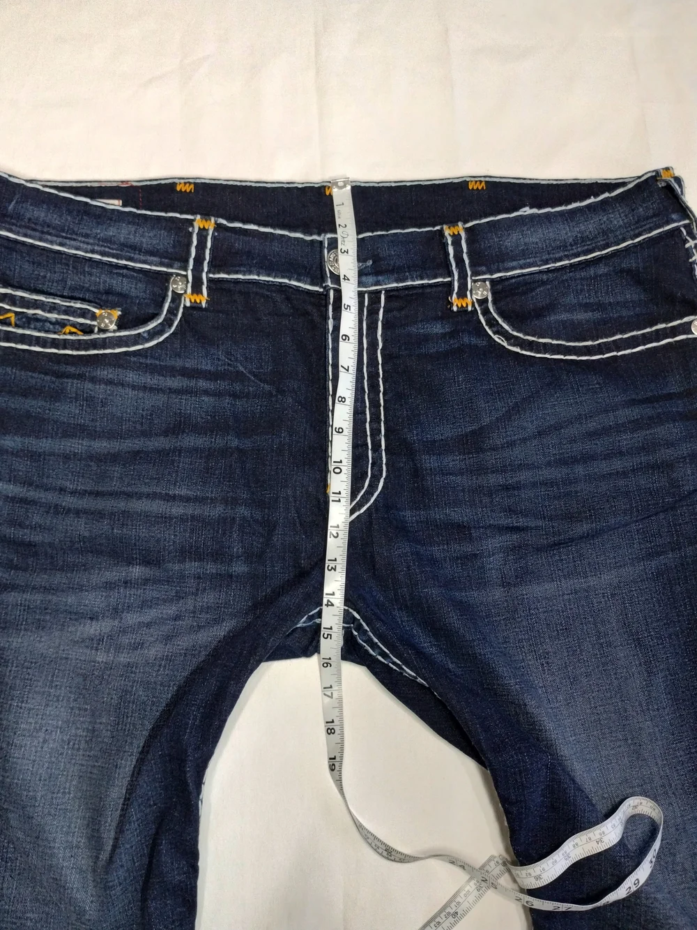 True Religion Dark Blue Denim Cutoff Shorts with Contrast Stitching